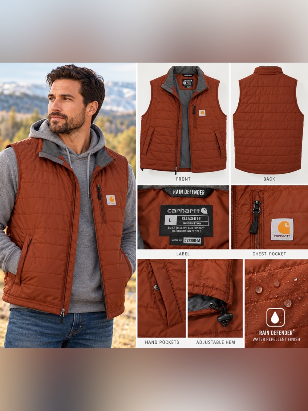 Carhartt Men's Quilted Rust Brown Vest with Gray Lining